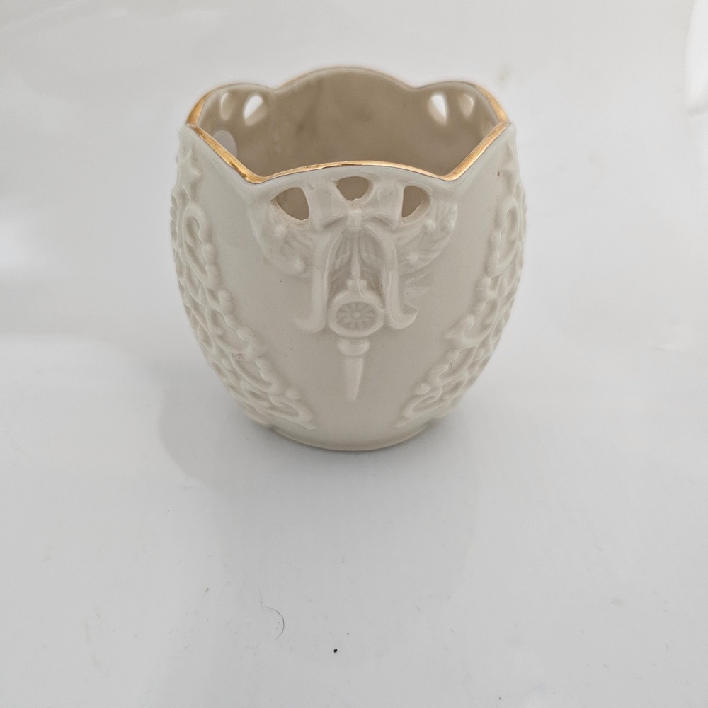 Lenox Merry Lights Votive Candle Holder Ivory China Gold Trim Christmas Tree Bow